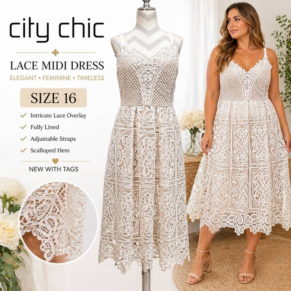 City Chic Ivory Lace Midi Dress Size 16 Sleeveless Wedding Guest NWT